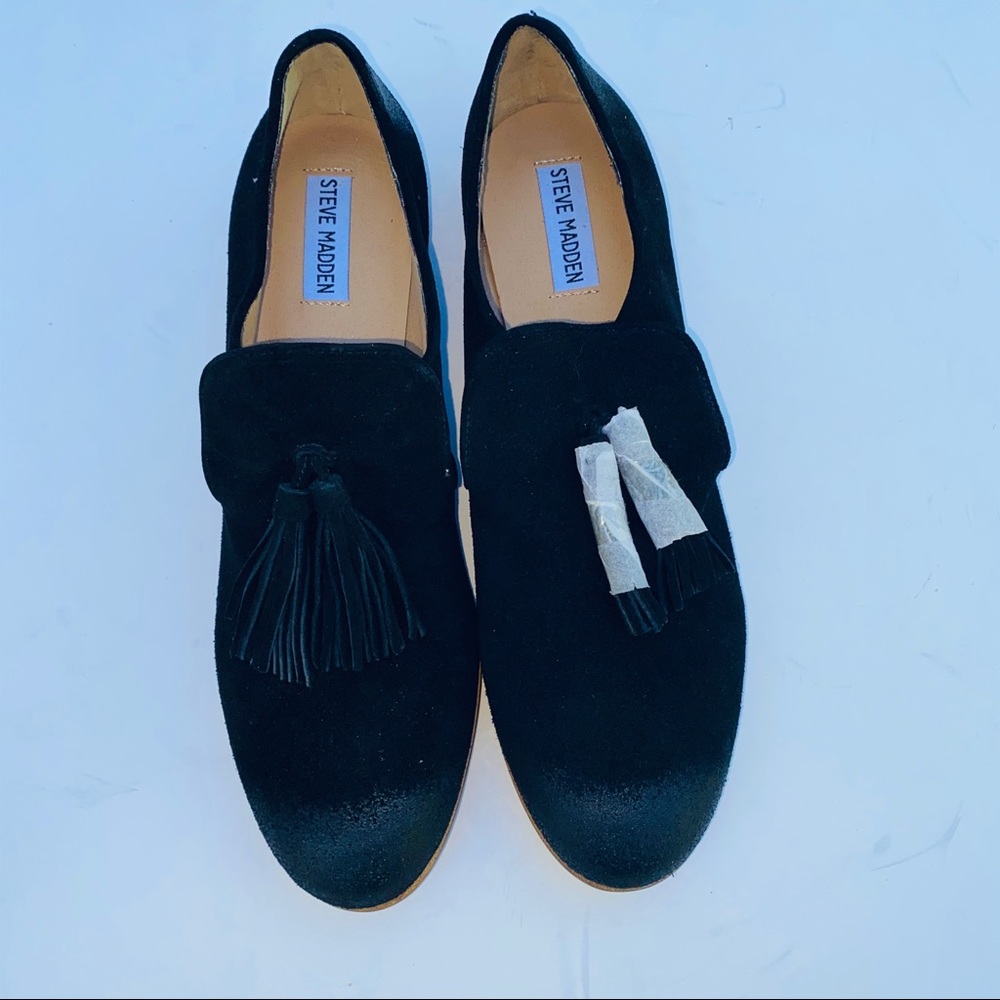 Steve Madden Black Suede Tassel Loafers.